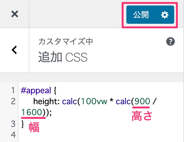 カスタマイズ画面の追加CSSにCSSコードをペーストした画面