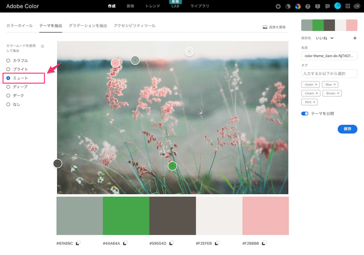 Adobe Colorのスクリーンショット。画像から抽出したカラー（ミュート）が表示されている