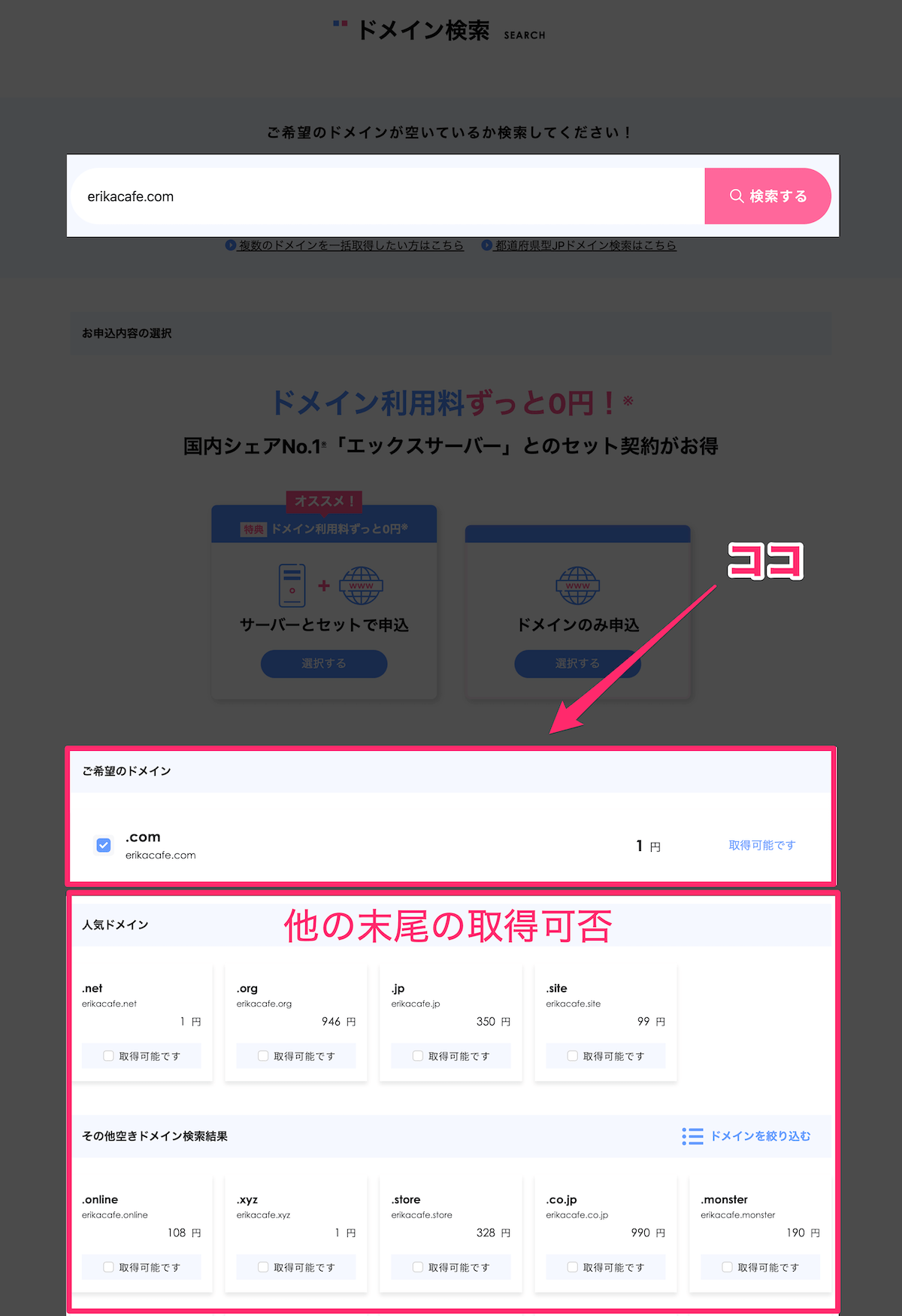 エックスサーバードメインで検索結果を確認