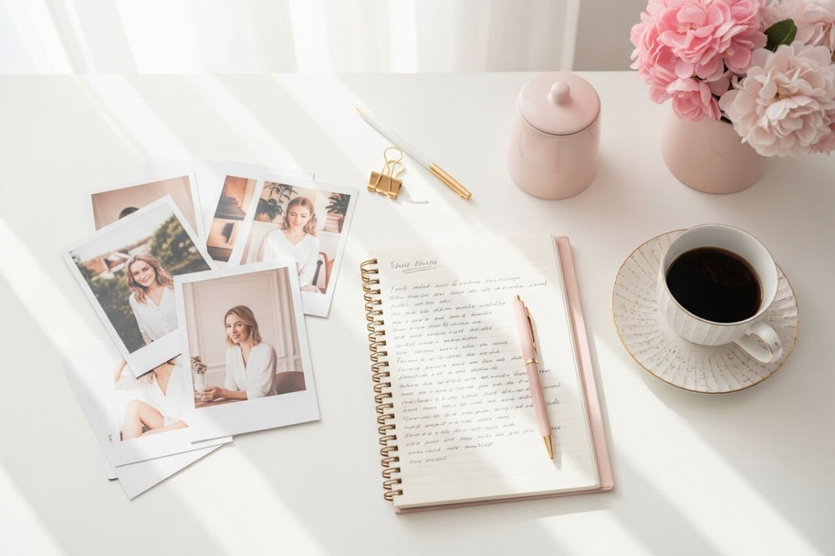 写真とノートが置かれたデスク