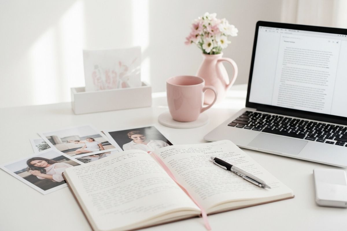 写真とノート、ノートパソコンが置かれた明るいデスク