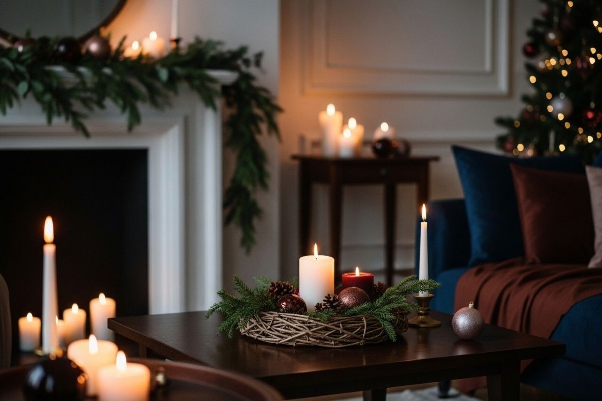 キャンドルとクリスマスリースが飾られた落ち着いた大人のクリスマスインテリア