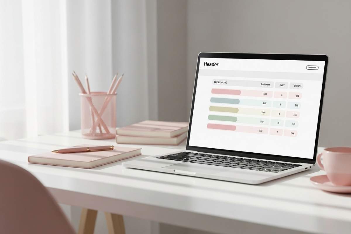 テーブル表が表示されたパソコンが置かれた明るいデスク