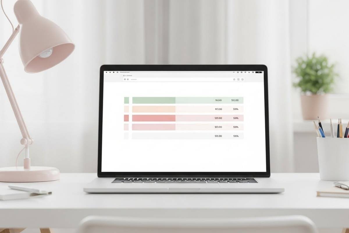 テーブルが表示されたパソコンが置かれたデスク