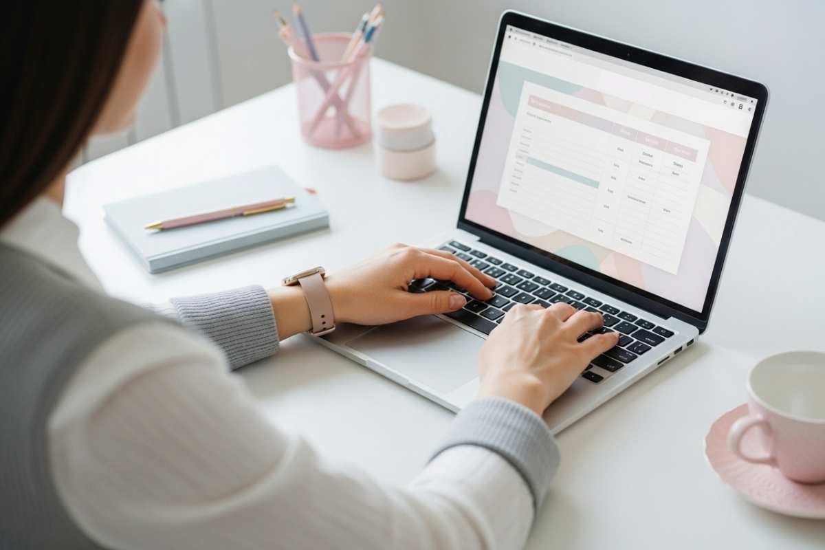 テーブルが表示されたパソコン画面を操作する女性