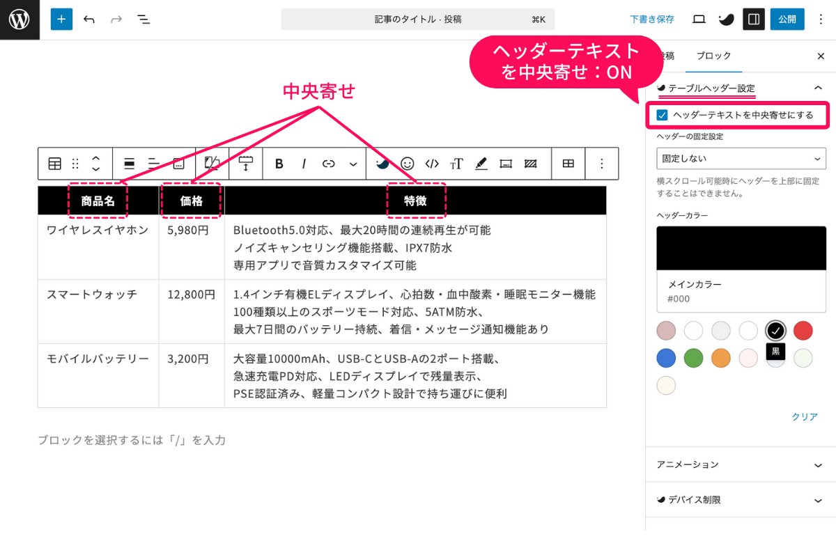ヘッダーテキストを中央寄せ