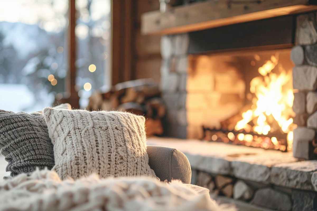 暖炉の前に置かれた暖かそうなニットのクッションのイメージ